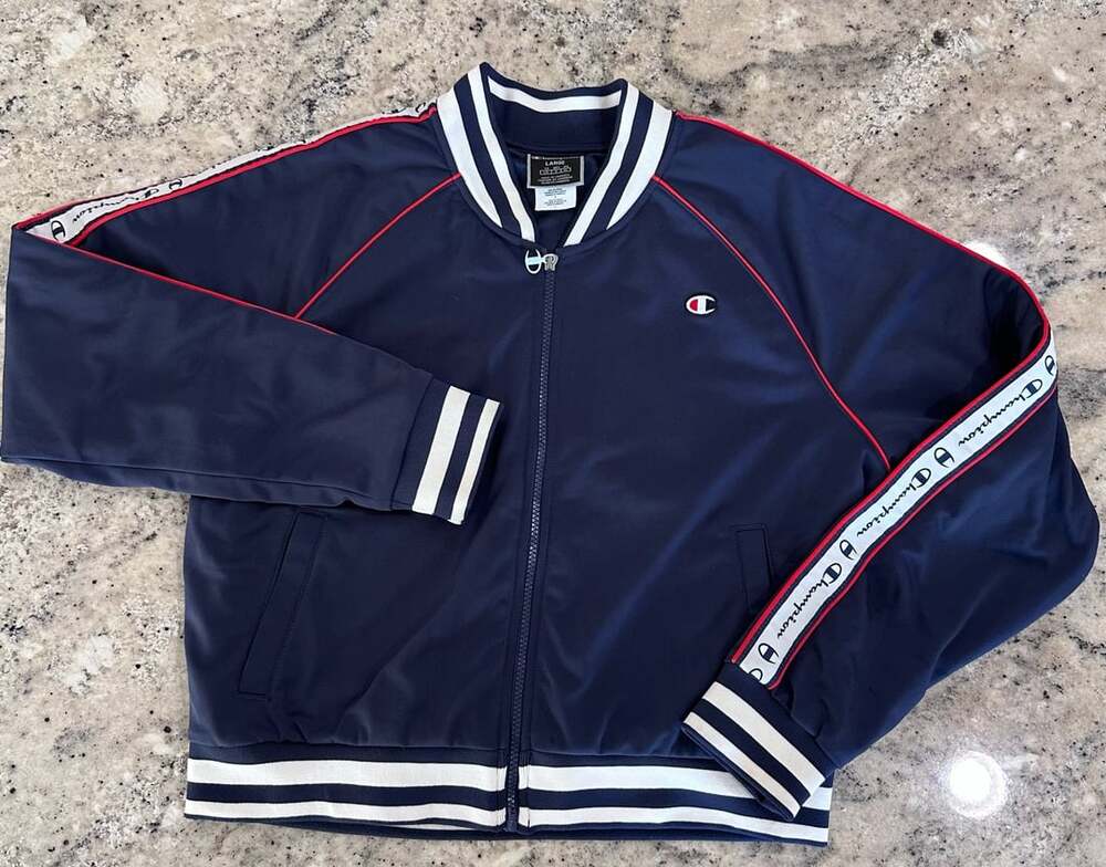 Champion Track Jacket Size Large Navy Blue Bomber Logo Taping